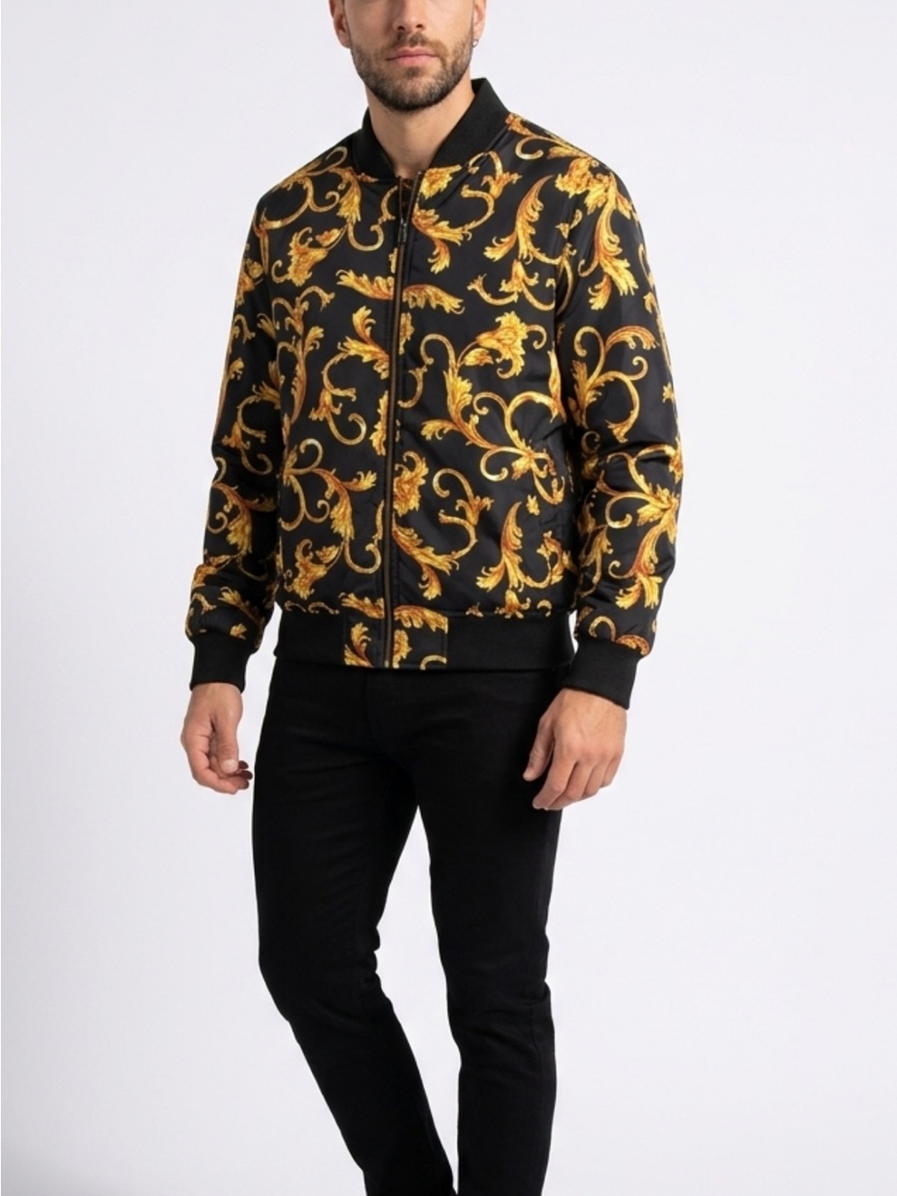 Versace Black Bomber Jacket with Gold Baroque Motif